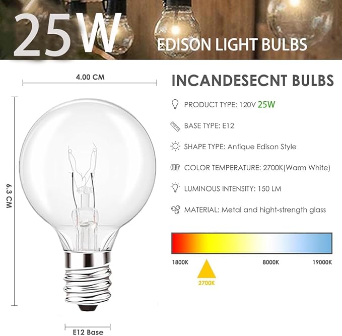 SCOMX Wax Warmer Bulbs, 25 Watt G50 Bulbs for Full-Size Scentsy Warmers, E12 Incandescent Candelabra Base Clear Light Bulbs for Candle Wax Warmer,Halloween Lights,Dimmable - Warm White (25W)