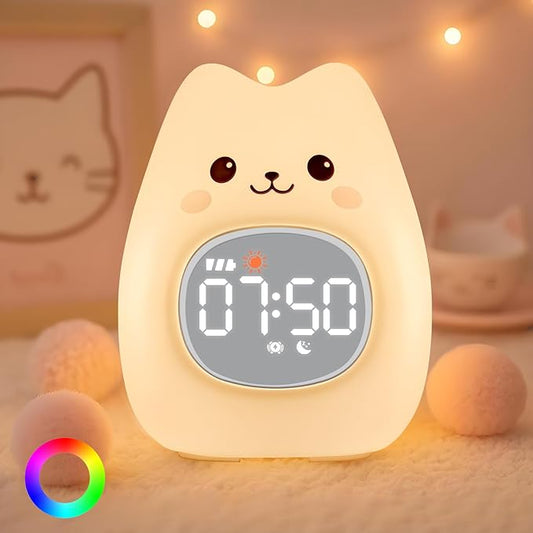Cat Alarm Clock with Night Light for Kids with Sleep Training and Sound Machine, Rechargeable Silicone Lamp OK to Wake Clock，Cute Animal Tabletop Lamp, Perfect Sleep Companion for Boys Girls