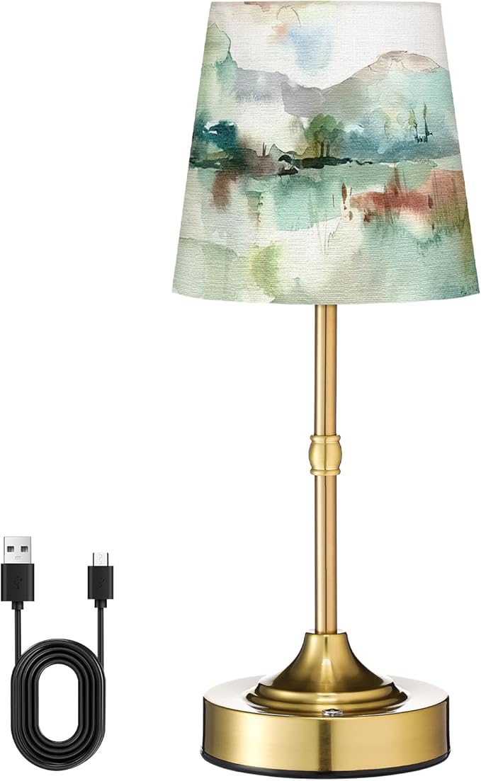 Cordless Table Lamp for Bedroom Bedside Mountains Country Linen Lampshade with Rechargeable Table Lamp Watercolor Desk Light for Farmhouse Nightstand Living Room Nursery Home Decor
