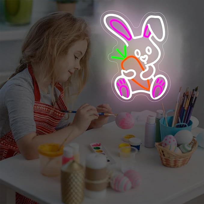 Easter Neon Sign for Wall Decor Bunny Neon Light Carrot Led Sign Carrot Rabbit Neon Neon Light Up Sign for Party Wall Decoration Home Room Children'S Easter Gift