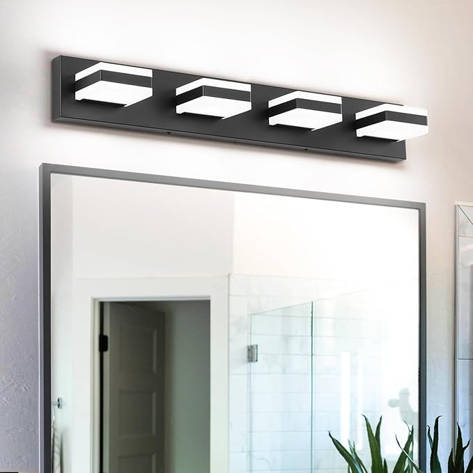 SOLFART Black Bathroom Light Fixtures, 4 Lights Bathroom LED Light, LED Dimmable Vanity Lights Cool White 6000K & 0%-100% Brightness Dimmable