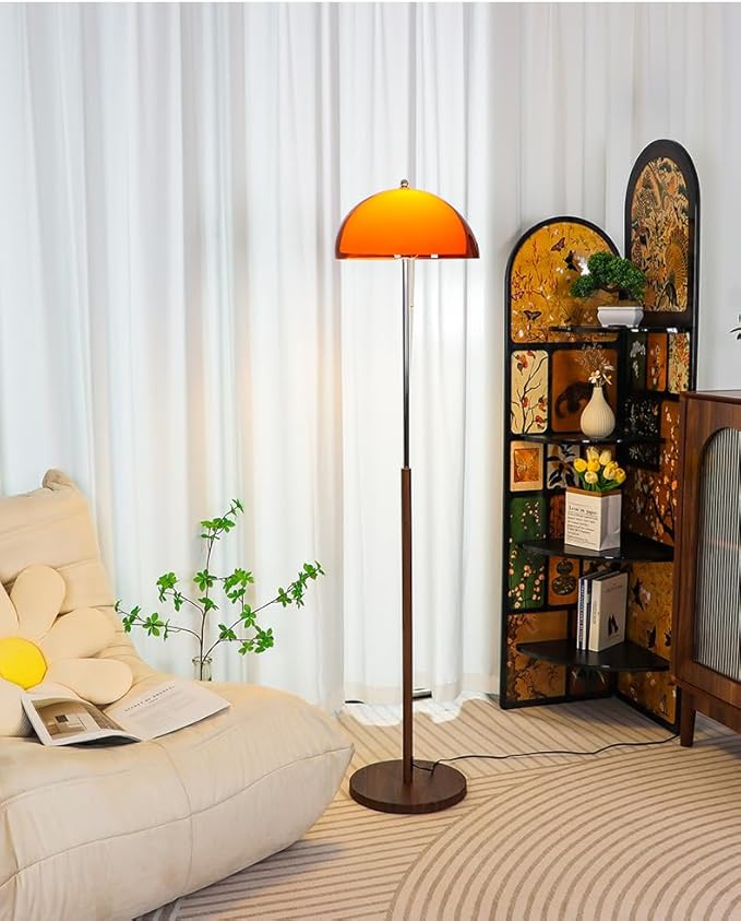 Mushroom Floor Lamp 63" H Orange Floor Lamp for Living Room with Gradient Double Dome Lampshade 3 Color Adjustable Light Pull Chain Switch MCM Standing Lamp for Bedroom Office Study Room