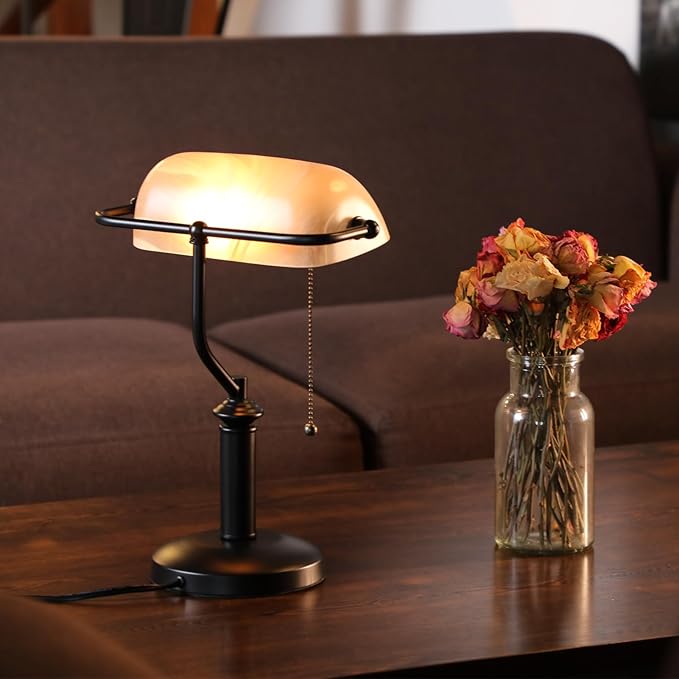 TORCHSTAR Pale Yellow Glass Bankers Desk Lamp, Antique Desk Lamps with Uniquely Textured, Traditional Library Lamp with Pull Chain, E26 Base, Desk Lamp for Office, Study Room