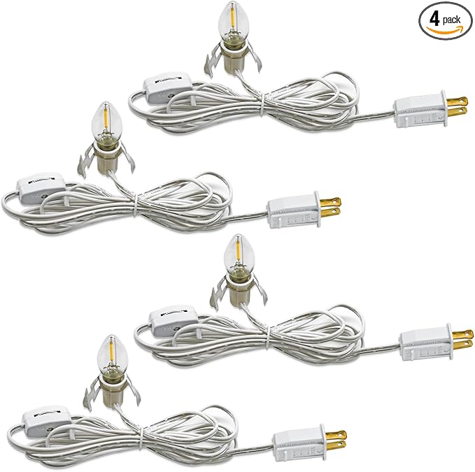 4 Pack Accessory Cord with LED Night Light Bulbs - White Cord with On/Off Switch Plugs - C7 led Bulb Warm White with Spare Fuse, for Holiday Decoration and Craft Village House Decoration