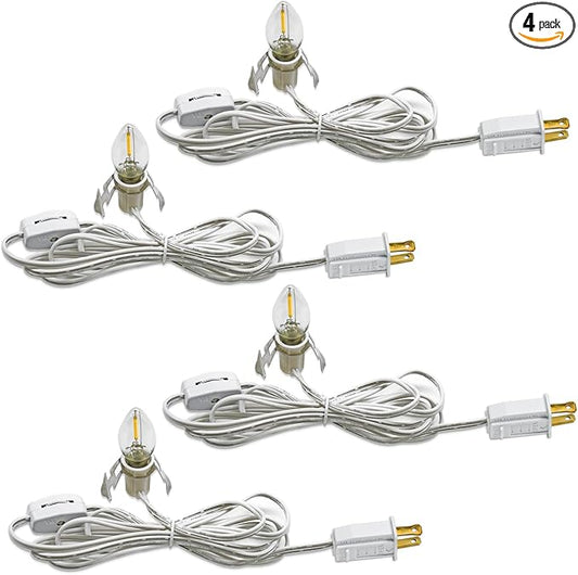 4 Pack Accessory Cord with LED Night Light Bulbs - White Cord with On/Off Switch Plugs - C7 led Bulb Warm White with Spare Fuse, for Holiday Decoration and Craft Village House Decoration