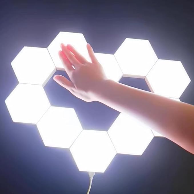 10 Pack Hexagon LED Lights, Touch Sensitive Hexagon Wall Light Panels, DIY White Wall Lights for Bedroom, Living Room, Gaming Room Decor