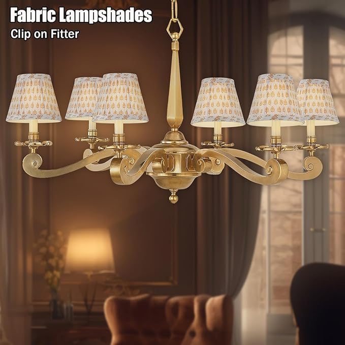 Chandelier Shades Set Of 6,Mini Lamp Shade 3" Top x 5.5" Bottom x 4.7" Slant ,Small Lamp Shades Clip On Bulb,Pleated Chandelier Lamp Shades,Fabric Lampshades That Attach To The Bulb(Brown Floral)