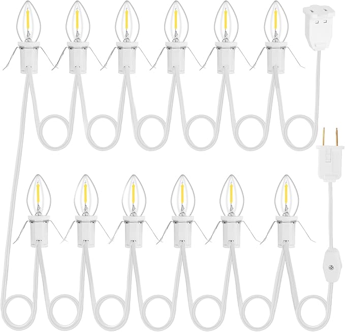 1Pack Accessory Cord with 12 LED Light Bulbs and Outlet - 20.6FT White Cord, Warm White C7 Lamp for Halloween and Christmas Village Accessories