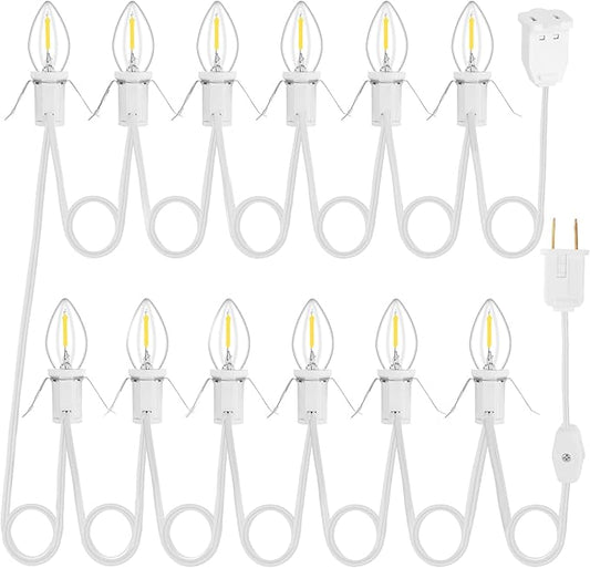 1Pack Accessory Cord with 12 LED Light Bulbs and Outlet - 20.6FT White Cord, Warm White C7 Lamp for Halloween and Christmas Village Accessories