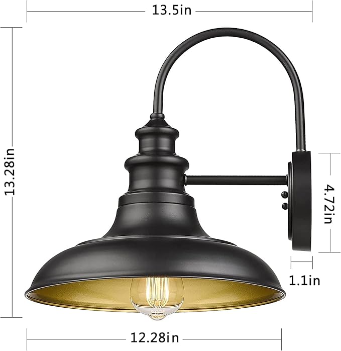 Dusk to Dawn Sensor Outdoor Barn Light Fixture, 12.3 Inch Dome Outdoor Wall Sconce Farmhouse Wall Mount Lights Exterior Gooseneck Light Fixture Black Finish Industrial Wall Lantern for Porch, 1Pack