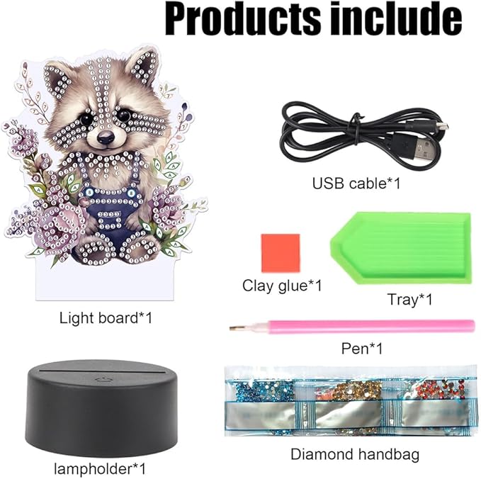 Raccoon Diamond Art Painting Night Light,Diamond Art Painting Kits Desktop Touch Lamp Ornaments for Tabletop Decor Diamond Art Accessories for Adult Beginner Bedrooms Living Room