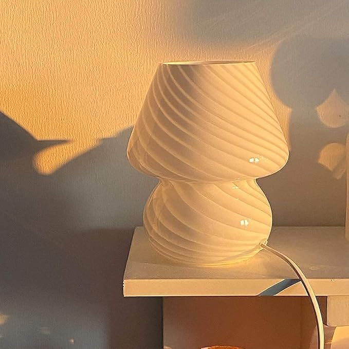 Translucent Table Mushroom Lamp Italian Style Modern Striped Glass Bedside Lamps Desk Light, Used for Baby Home Decoration of Dining, Living, Study,Gift