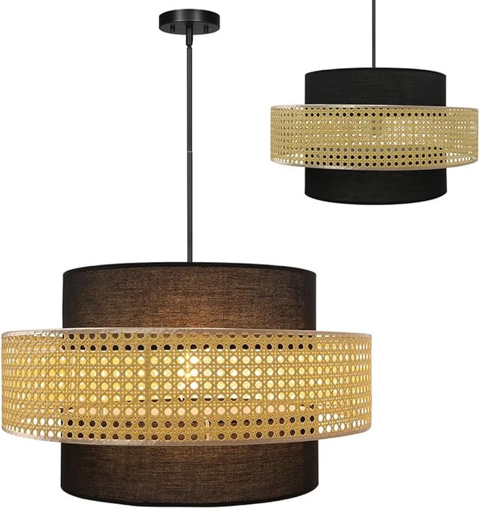 Boho Rattan Pendant Lights Hand-Woven Wicker Hanging Light Farmhouse Basket Pendant Light Fixture Black Shade Rattan Chandelier for Living Room Dining Room Kitchen