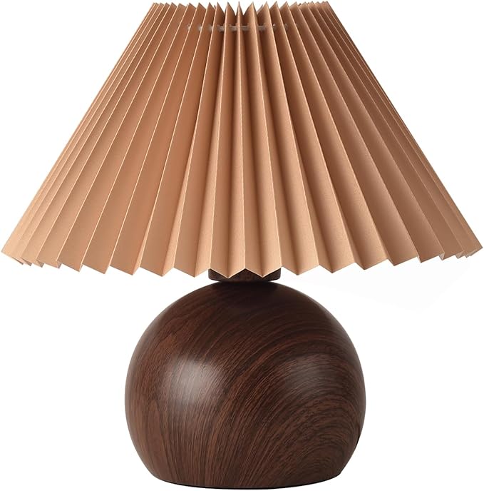 KUNJOULAM Retro Pleated Table Lamp, Modern Bedside Nightstand Lamp with Brown Shade, 5.9” Metal Base for Bedroom, Home Office, Living Room, Kids Dorm Without Bulb