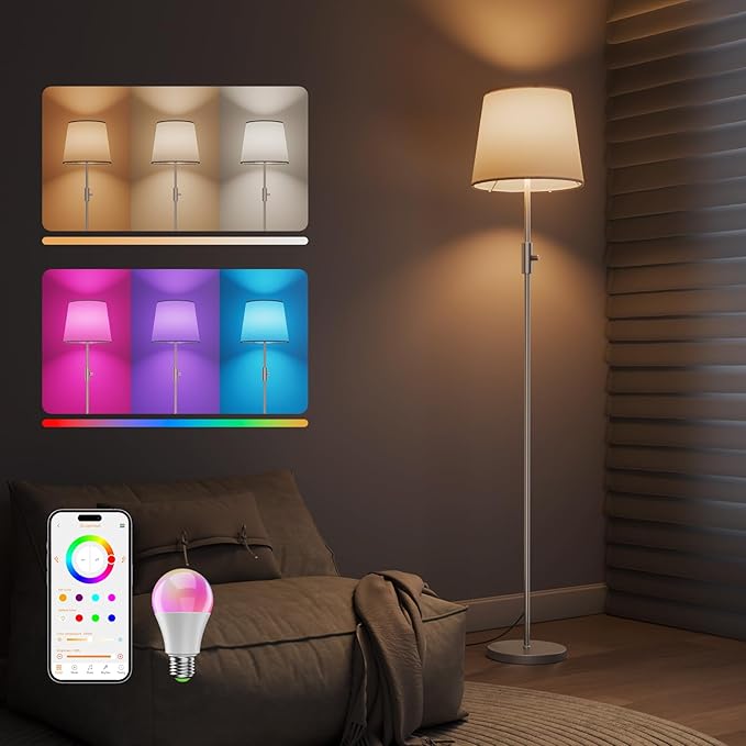 Smart Floor Lamp with RGBCW Color Change Bulb, Compatible with Alexa, Siri, Google Voice & App Control, Standing Lamp with Linen Shade, Tall Lamp for Living Room, Bedroom, Office,Silver