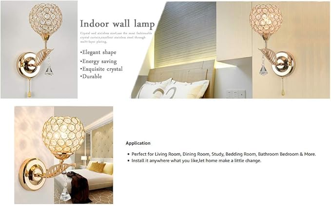 Modern Crystal Wall Light Pendent Lamp Chrome Finish Bedroom Sconce Lighting Fixture with Pull Cord Switch, E14 Socket (Gold)