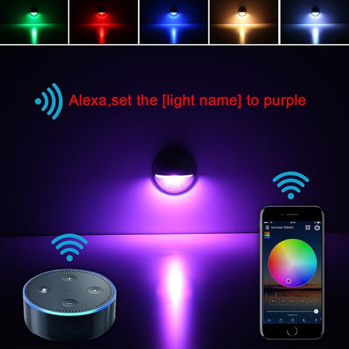 FVTLED Low Voltage LED Step Lights, 10pcs RGB LED Landscape Stair Lights Outdoor Deck Lighting WiFi Controller Φ1.97 Recessed Lights, Compatible with Alexa Google Home