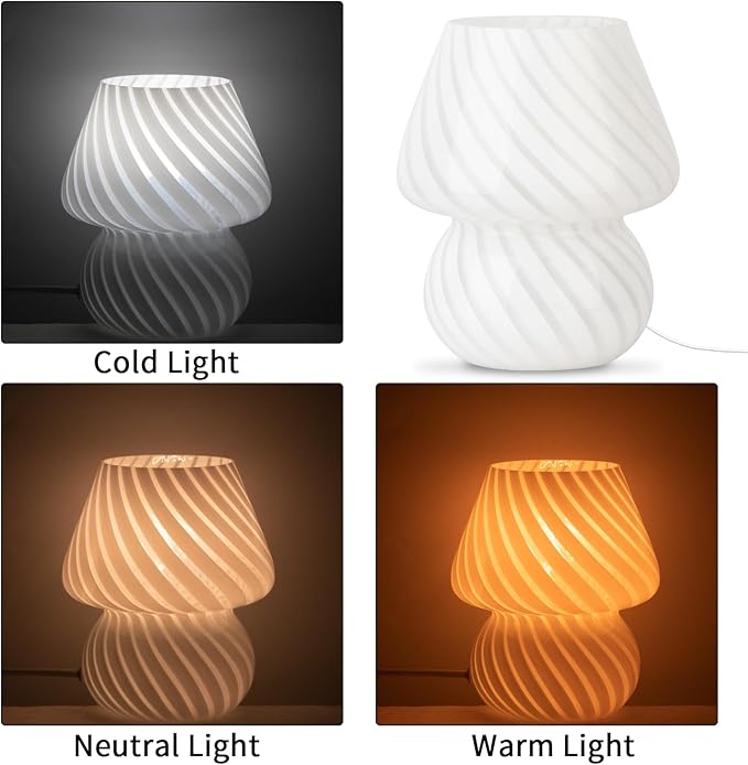 HonoDing Small Mushroom Lamp, Cute Striped Glass Bedside lamp, Vintage Style Desk Lamps, Bedside Lamps for Bedrooms, Reading Rooms, Living Room Decor