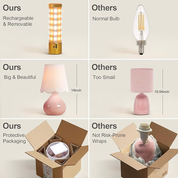 14''H Cordless LED Ambient Table Lamp, Rechargeable Ceramic Bedside Lamp with 3-Level Dimmable Soft Lighting, Linen Shade, Cozy Room Decor for Teens (Pink)
