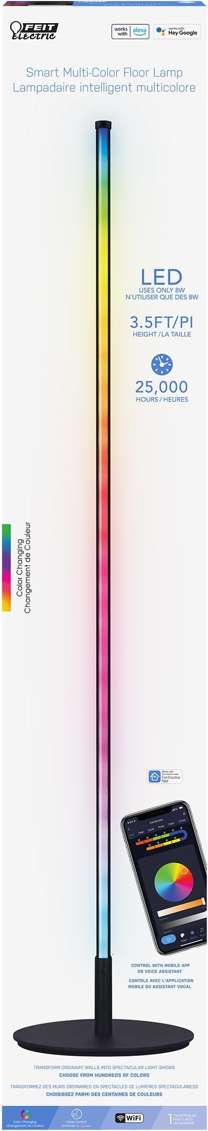 Feit Electric 42" Smart Floor Lamp Color Changing, RGBW, WiFi LED Corner Standing Lamp, Music Sync, Works with Alexa and Google Assistant, Modern Black Aluminum Finish, 8 Watts, FLOOR42/RGB/BLK/AG