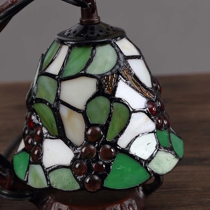 Bieye L10035 Grapes Tiffany Style Stained Glass Table Lamp with 6-inch Wide Lampshade Hanging on The Base (Green)