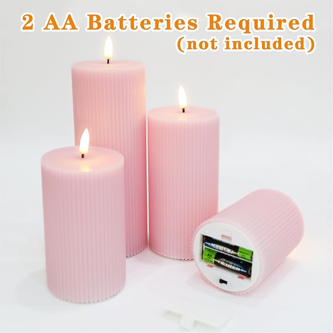 Pink Ribbed Flameless Pillar Candles with Remote, Flat Top Flickering LED Wax Battery Candles Set of 4, Φ 3" H 4" 5" 6" 8"