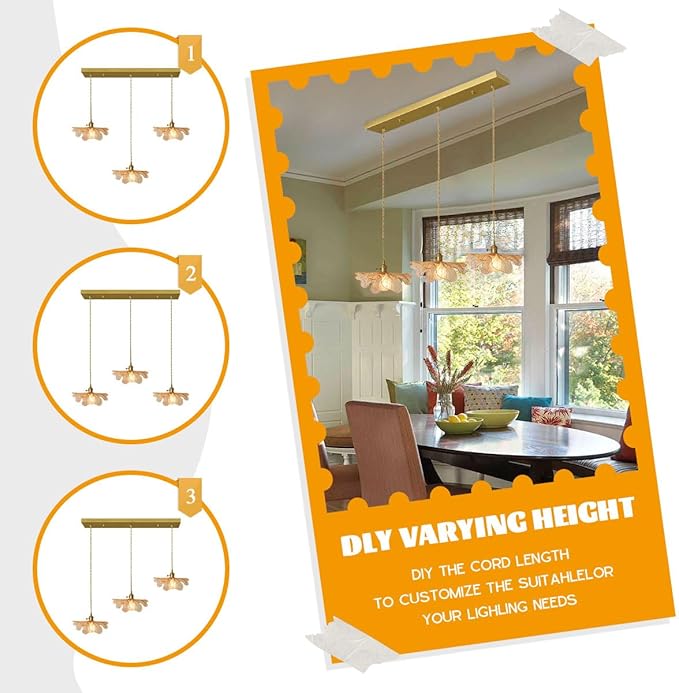 Mid Century Modern Chandelier 3 Light Glass Pendant Lights with Hand Blown Amber Glass Shade Brass Pendant Light Farmhouse Gold Adjustable Hanging Light for Kitchen Dining Room Bedroom