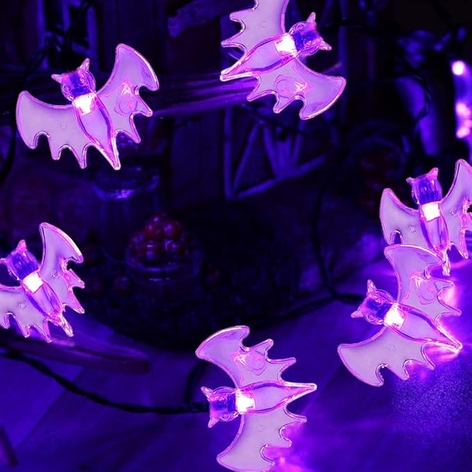 Halloween Solar String Lights, 21.3 Ft 30 LED Purple Bat LED Lights IP65 Waterproof for Halloween Outdoor Indoor Party Decor, Patio, Lawn, Garden, Yard