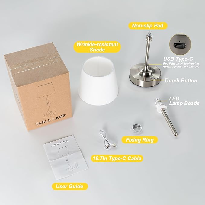 Kakanuo Rechargeable Cordless Table Lamp Silver - 1 Pack 4000mAh Battery Operated Lamp, Touch Control Stepless Dimming, for Home Decor, Dining Table, Living Room, Bedroom