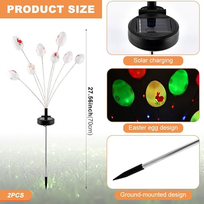 2 Packs Solar Easter Decorations Outdoor Stake Lights, LED Egg Lights for Easter Decor, Waterproof Solar Stake Light for Lawn Pathway Landscape Yard Porch Patio(Color:Colorful)