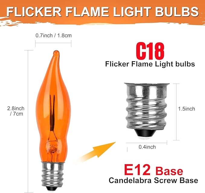 Halloween Orange Flicker Flame Light Bulbs-1 Watt/120 Volts/ E12 Candelabra Base, C18 Flickering Flame Night Light Bulbs for Outdoor Christmas String Lights Window Candles Chandeliers-12 Pack