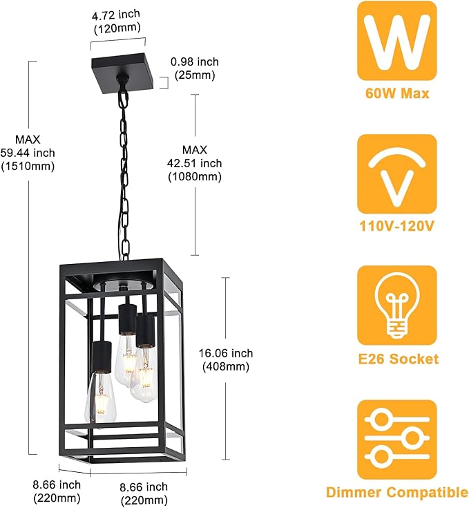 3-Light Outdoor Pendant Lights for Porch, Black Outdoor Chandelier 16'' Large Exterior Hanging Porch Light Fixtures with Clear Glass, Waterproof Outside Pendant Lantern for Garage Foyer