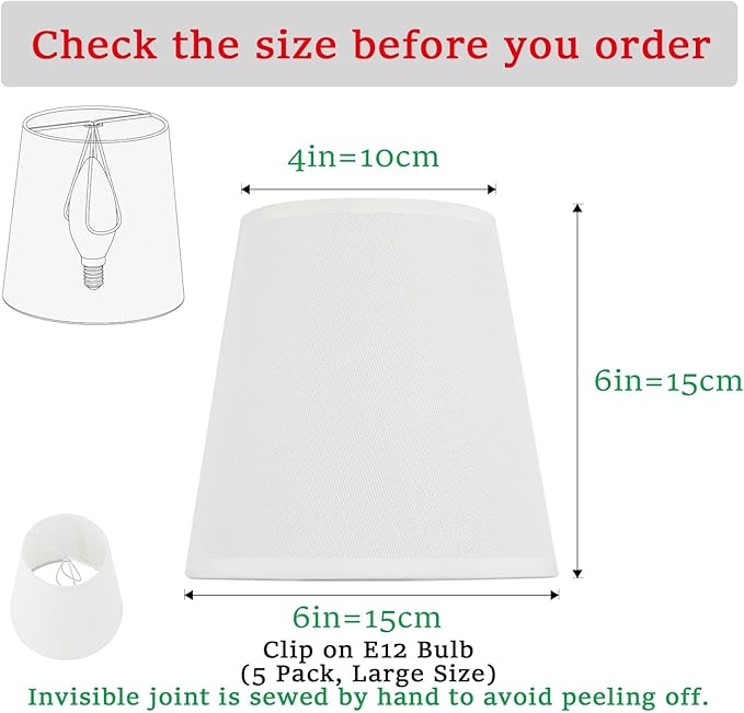 5 Pack White Chandelier Shades, 4" Top x 6" Bottom x 6" High Barrel Lamp Shade, 4.0x6.0x6.0 Inch Linen Fabric, Perfect Fit for 5-Light Pendant Light Wall Sconce, Clip On Bulb E12 Socket(Large Size)