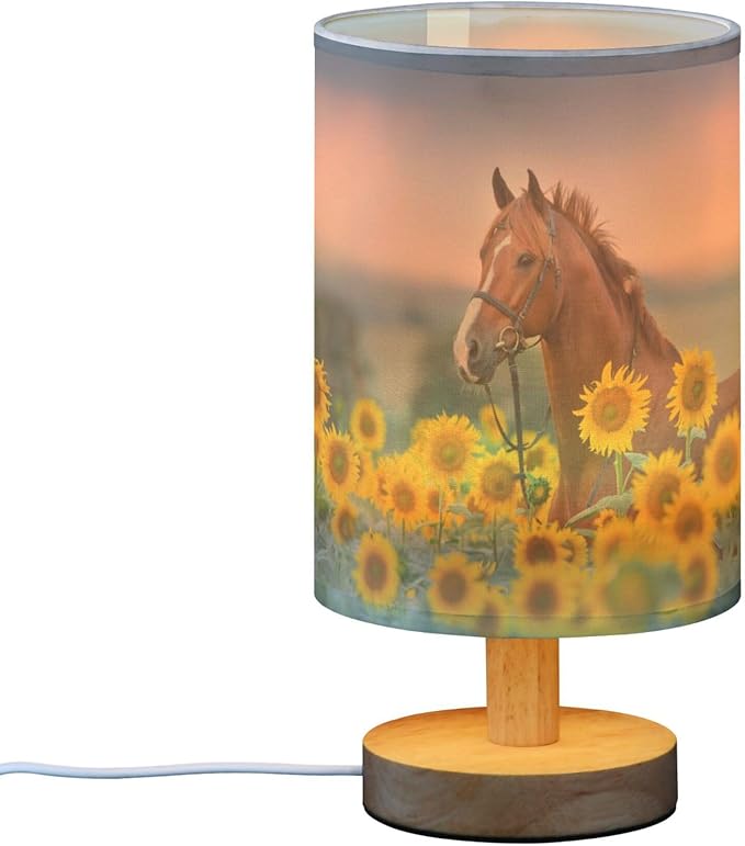 Table Lamp Red Stallion Horse Nature Sunflower Field Nightstand Lamp with Wood Base Fabric Lamp Shade Bedside Desk Lamp for Living Room Bedroom Kids Room Office