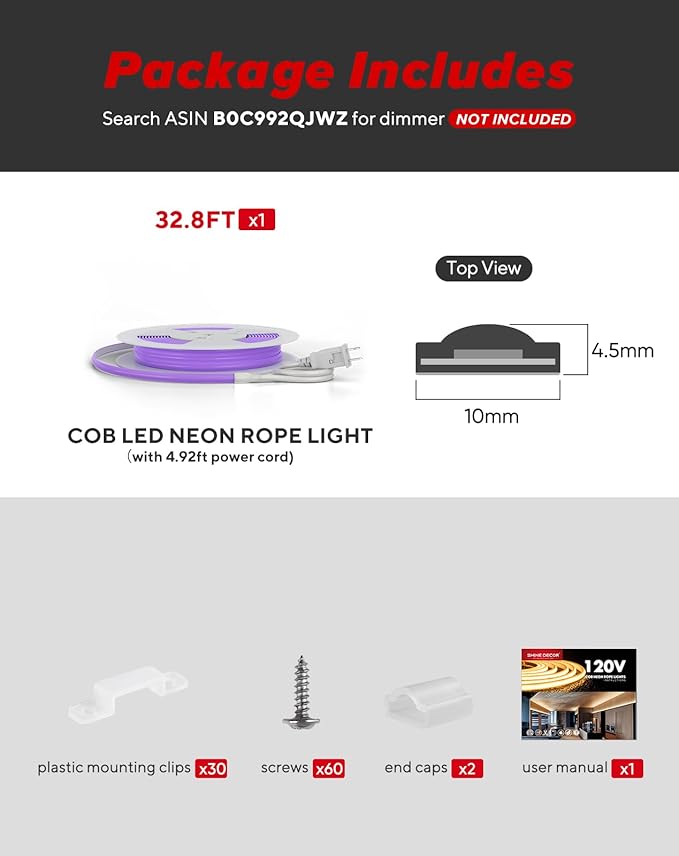 Shine Decor COB LED Rope Light AC 120V, 800lm Ultra Bright, IP65 Waterproof Cold-Resistant ETL Neon Strip, No Driver Tape Lighting for Home Commercial 10x4.5mm, Purple, 32.8ft