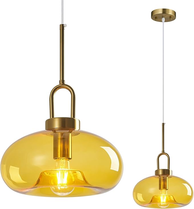 Yellow Glass Pendant Lights Kitchen Island Gold Pendant Light Fixtures Adjustable Height Modern Pendant Lighting for Bedroom Dining Room (11.02 in 1-Pack)