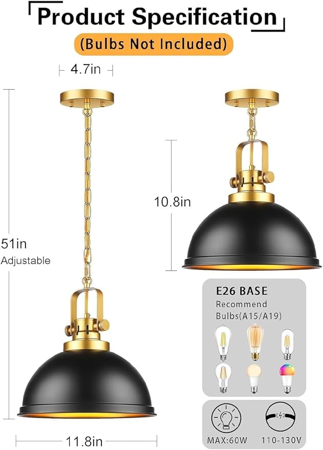 2-Pack Black Gold Pendant Lighting, Farmhouse Metal Pendant Lights Modern Matte Black Dome Industrial Light Fixture for Kitchen Island Restaurant Dining Room Hallway Entrance