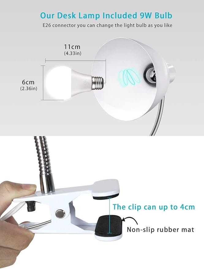Desk lamp Eye-Caring Table Lamps, 360°Rotation Gooseneck Clip on Lamp Reading Light Portable Reading Book Light Clamp Study Desk Lamps for Bedroom and Office Home Lighting (White)
