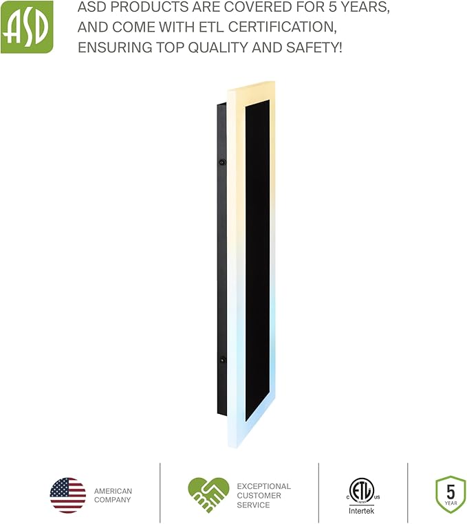 ASD LED 18" Long Wall Mount Light Fixture, Outdoor & Indoor Linear Sconce | 3CCT, Dimmable, Waterproof, Anti-Rust, ETL Listed | 18W 1570LM 3000-5000K 100-277V | Exterior Porch Lighting | Black, 2 Pack