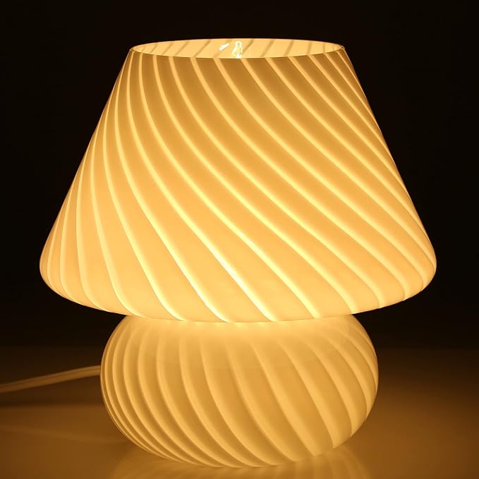 BSOD Swirl Mushroom Lamp, Vintage Bedside Table Lamps 9.9" Striped White Translucent Murano Glass Big Mushroom Decor Night Light for Desk, Bedroom, Nightstand, Home Office, Birthday Gifts...