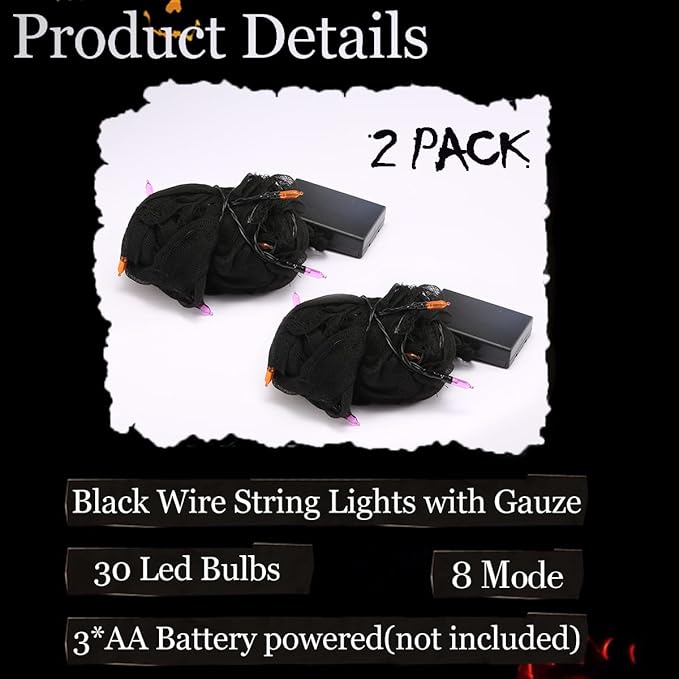 YAOZHOU Halloween Decorations String Lights Orange and Purple Indoor 30LED with Black Gauze Timer, 8 Mode Battery Operated 9.9Ft Creepy Cloth Spooky Lights, Gothic Party Room Decor (2Pack)
