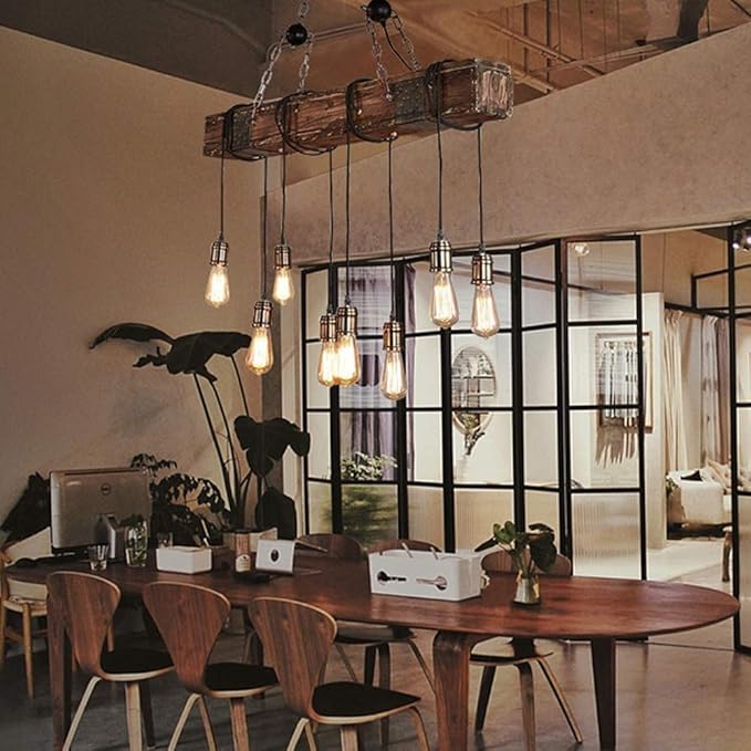 Rustic Chandeliers for Dining Room Height Adjustable Pendant Lighting 8-Light Industrial Farmhouse Chandelier 37.4" Retro Wood Island Lights for Kitchen & Pool Table