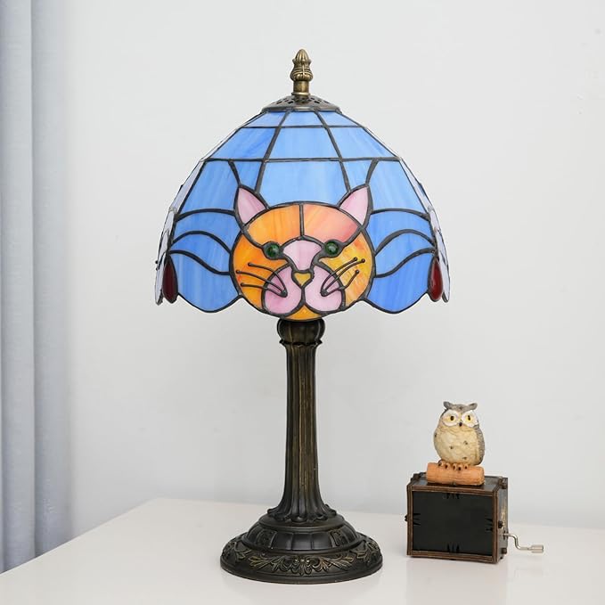 Stained Glass Table Lamp 8 Inch Orange Warm Ambient Lighting Bedroom Small Nightstand Dorm Cafe Office Corner Vintage Home Decoration Table Lamp Blue Cute Cat Lamp