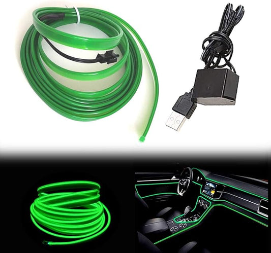 El Wire Green Interior Car LED Strip Lights, 3M Neon Wire USB 5V with Fuse Protection for Automotive Interior Decoration, with 6mm Sewing Edge