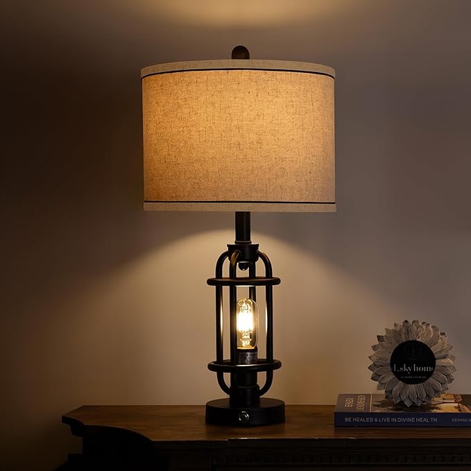 23.75'' Industrial Black Metal Table Lamps Living Room Lamp for Nightstand Bedroom lamp Single Bedside End Side Table Lamps Home Decor Touch Lamp Modern Lamps with USB Ports, Bulbs Included