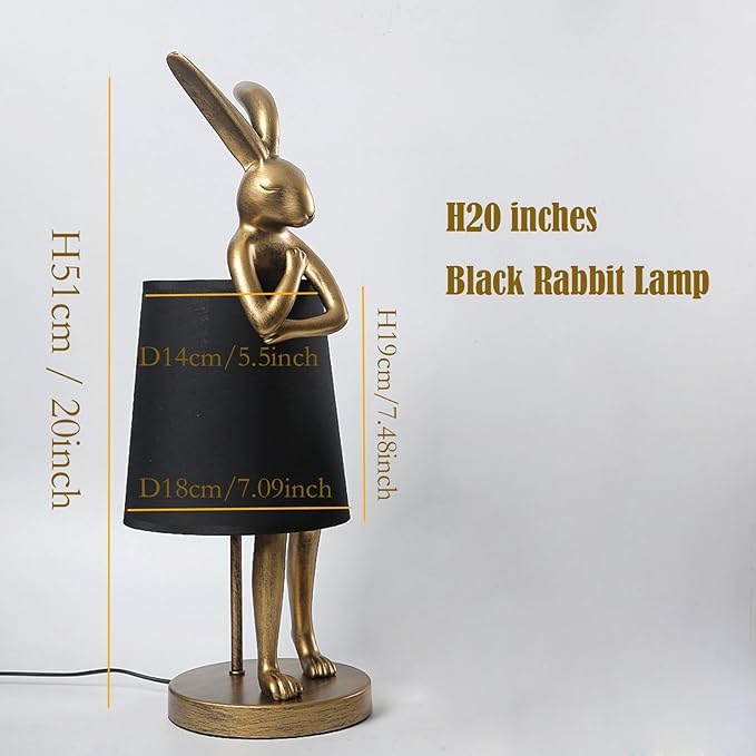 Bunny Table Lamp, Resin Rabbit Lamp, H20inch, LED Bunny Lamp with Black Fabric Shade, Vintage-Style Component,Suitable for Office Study,Bedside (Black H20)
