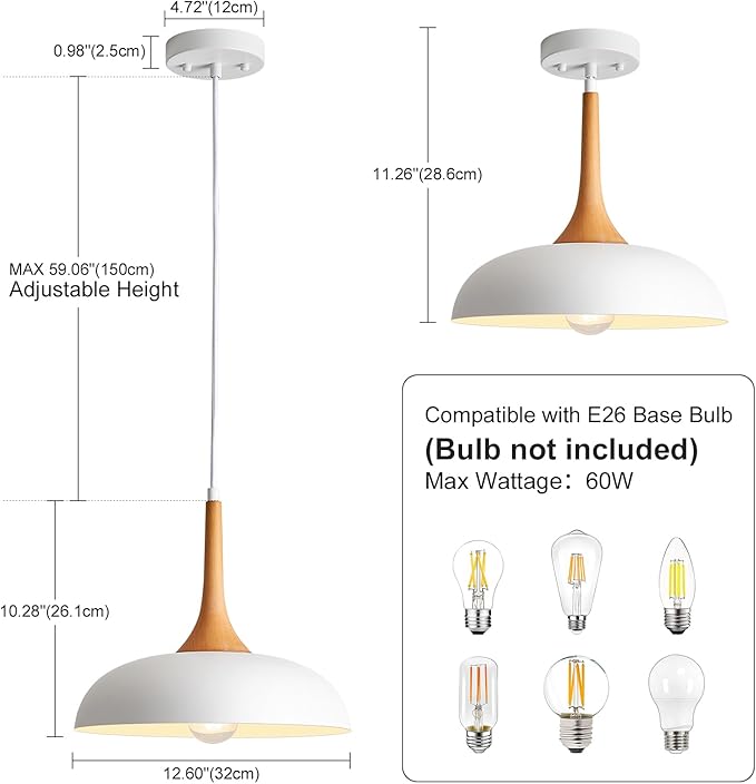 White Pendant Lights Kitchen Island,Modern Pendant Light Fixtures,Farmhouse Adjustable Hanging Pendant Lighting for Foyer Entryway Hallway Bedroom Dining Room Living Room,Faux-Wood,Small 12.6 inch