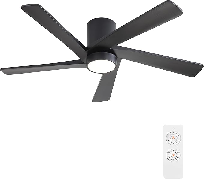 WINGBO 54 Inch Flush Mount DC Ceiling Fan with Lights and Remote, 5 Reversible Carved Wood Blades, 6-Speed Noiseless DC Motor, Hugger Ceiling Fan in Black Finish, Low Profile Ceiling Fans, ETL Listed