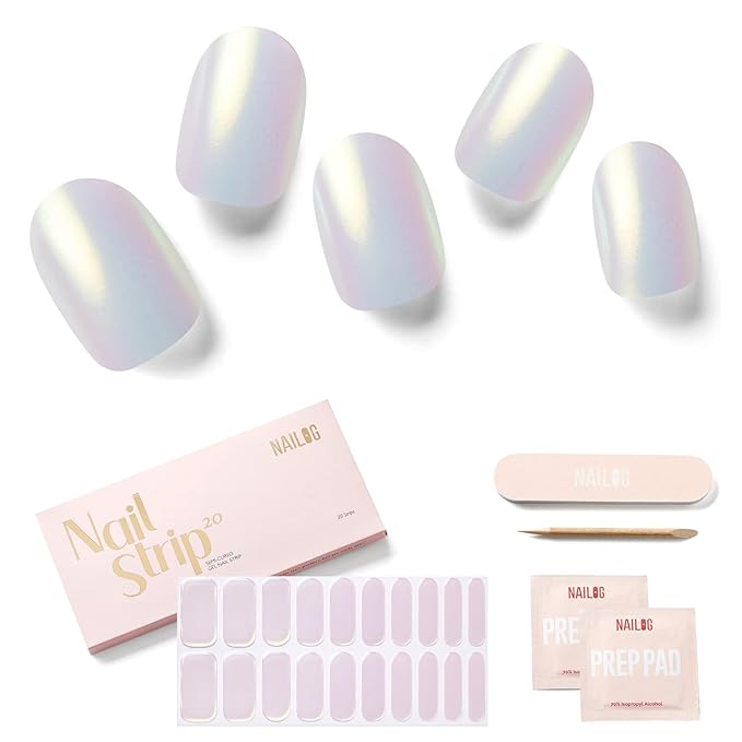 NAILOG Semi Cured Gel Nail Strips 20 Pcs | Buy 2 Get 1 UV Lamp | Extra Long Nail Wraps with Glossy Gel Finishing | Pink Moonlight