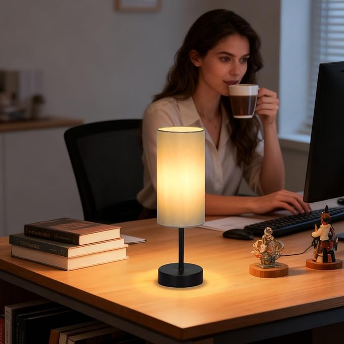 2 Pack Small Table Lamps for Bedroom, Bedside Lamps for Nightstand with Wire Switch, Minimalist Modern Desk Lamps with Linen Fabric Shade for Kids Room Living Room Office Dorm, Bulb Included